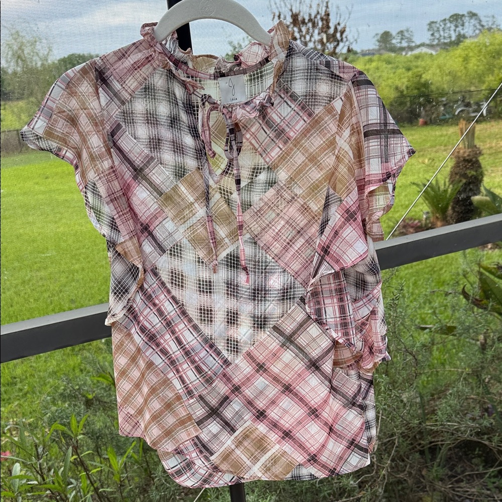 Joie Pink, Tan and Cream sheer Plaid Ruffle-Tie Neck Blouse